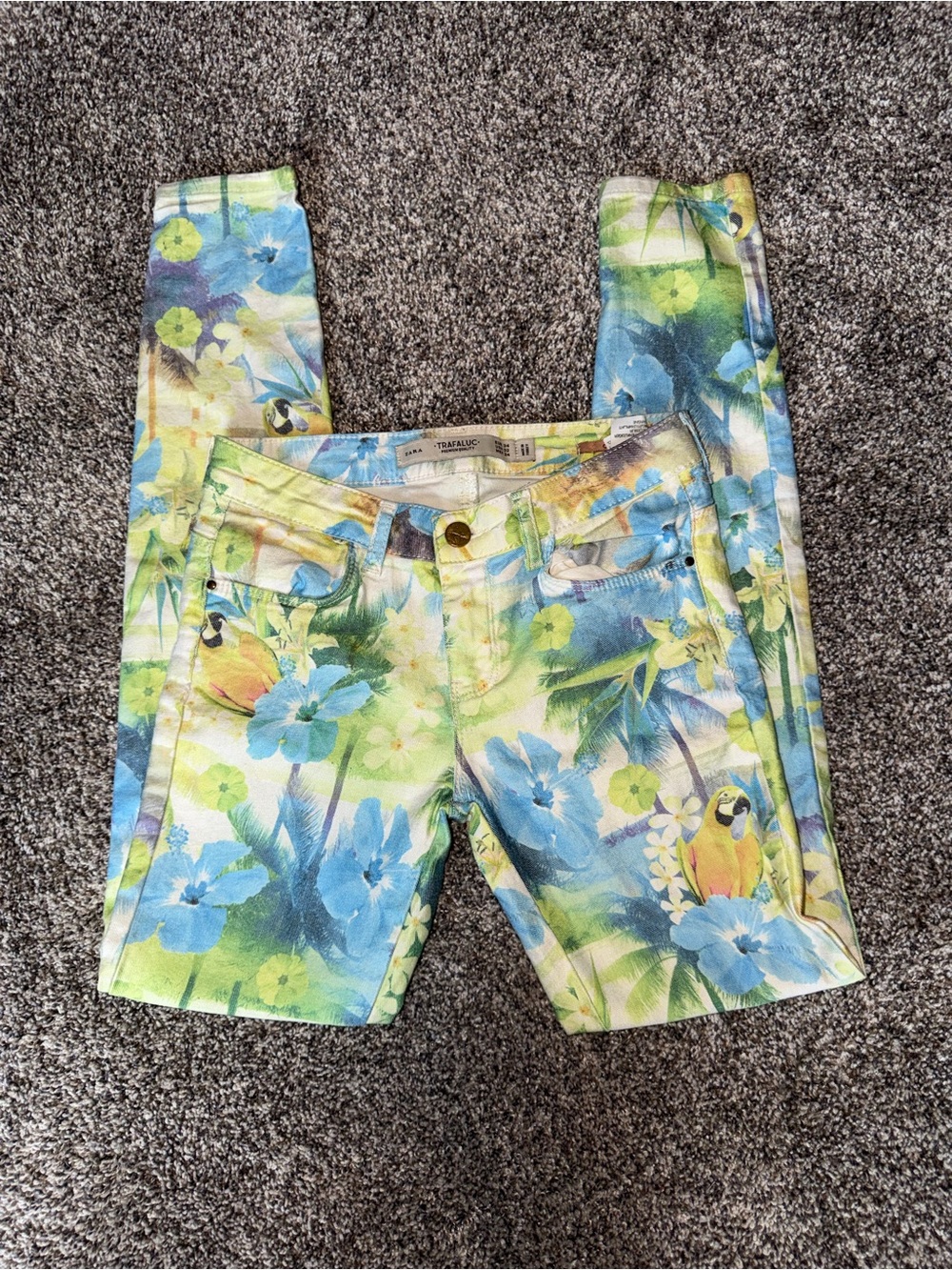 Zara Floral & Parrot Skinny Jeans - Blue, Green & Yellow
